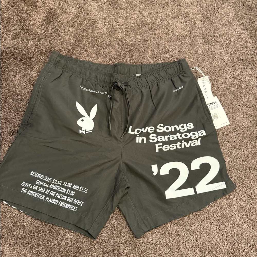 PLAYBOY Grey Graphic Beach Swim Trunks